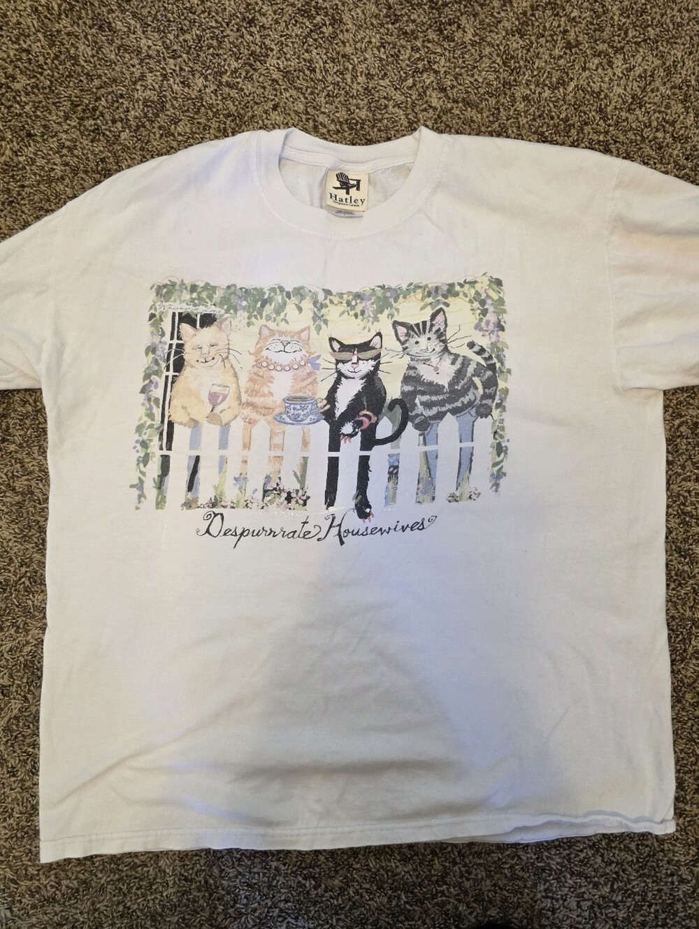 Hatley White Tee with Multicolor Cat Garden Graphic